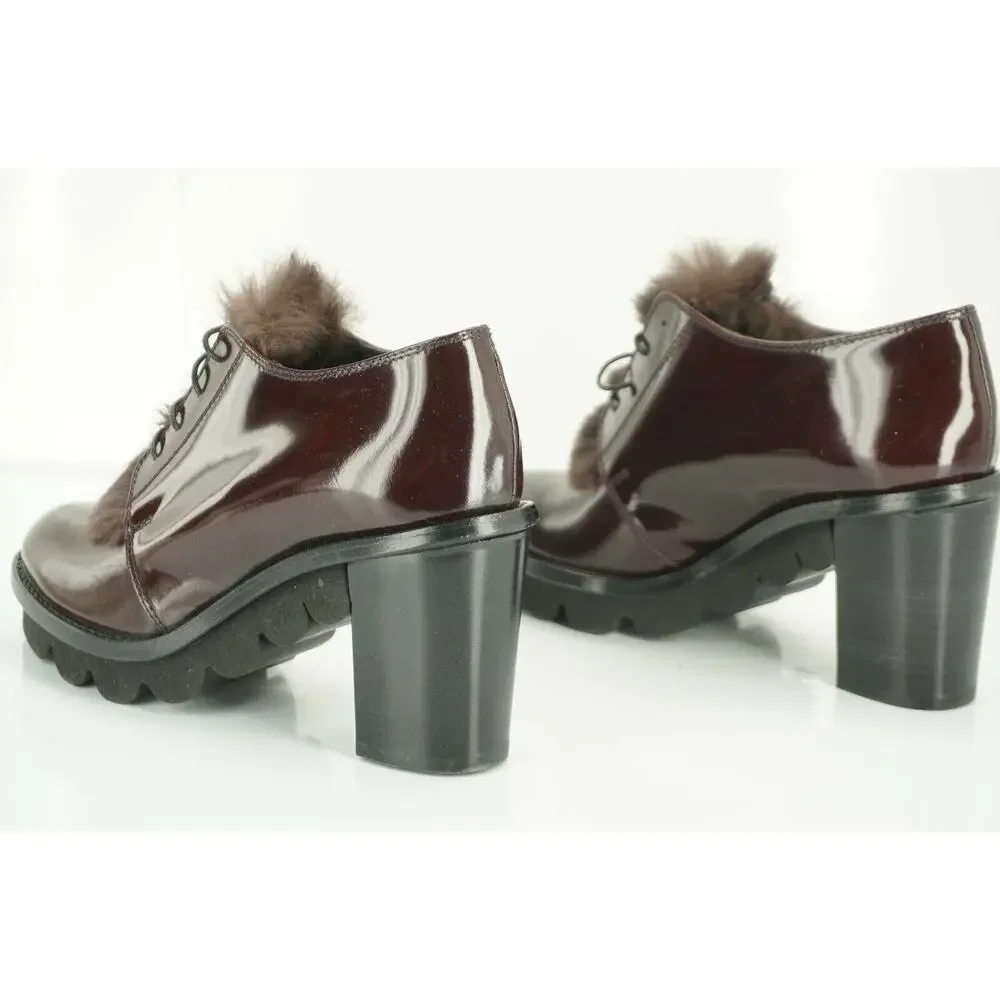 Attilio Giusti Leombruni Leather Rolo Fur Trim Oxford Heel Pumps Size 35 AGL NIB